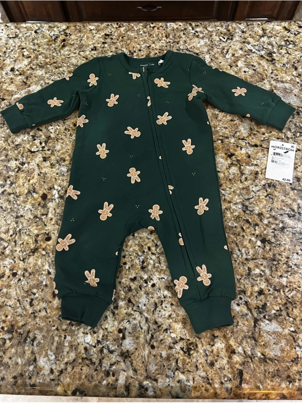 New - Petit Lem Dark Green Gingerbread Print One-Piece